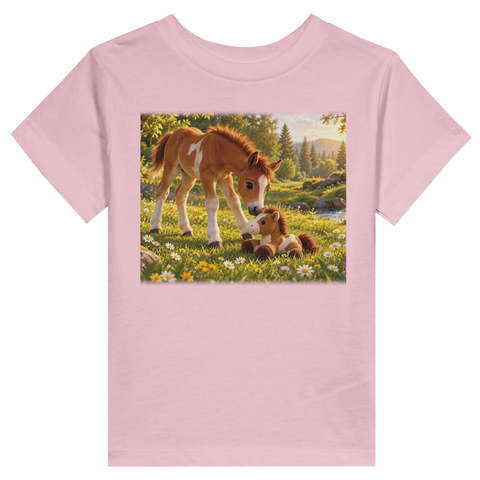 Fohlen mit Kuscheltier im Gras – Kleinkind-T-Shirt