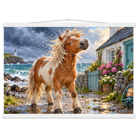 Schecke im Küstenregen – Poster mit Leisten 50×70 cm