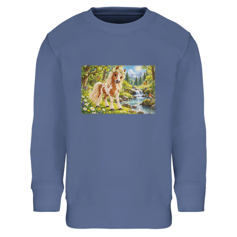 Pony mit Gänseblümchenkranz am Bach – Kinder-Pullover