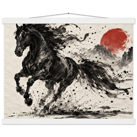 Tuschepferd vor roter Sonne – Poster mit Leisten 40×50 cm