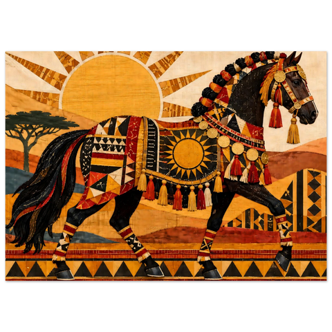 Geschmücktes Pferd im Sonnenmuster – Kunstdruck 50×70 cm