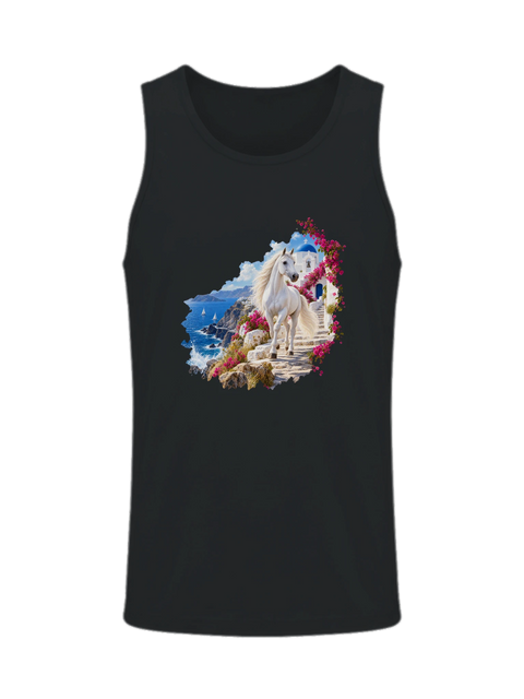 Weißes Pferd auf der griechischen Insel – Herren-Tank-Top