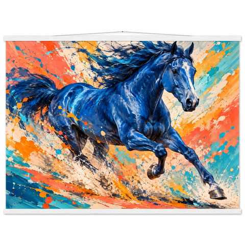 Blaues Pferd in Farbspritzern – Poster mit Leisten 75×100 cm