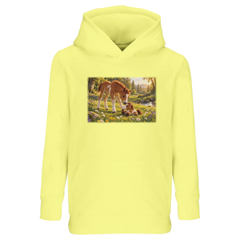 Fohlen mit Kuscheltier im Gras – Kinder-Hoodie