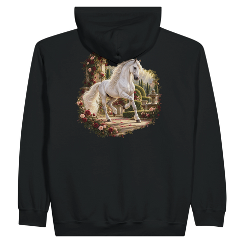 Andalusier im Rosengarten – Zip-Hoodie mit Rückendruck