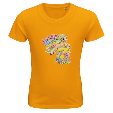 Sattelfest und Stolz (7 Jahre) – Kinder-T-Shirt Bio
