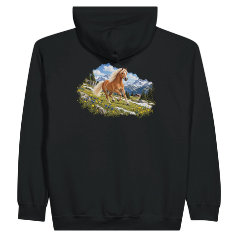 Haflinger auf der Frühlingsalm – Zip-Hoodie mit Rückendruck