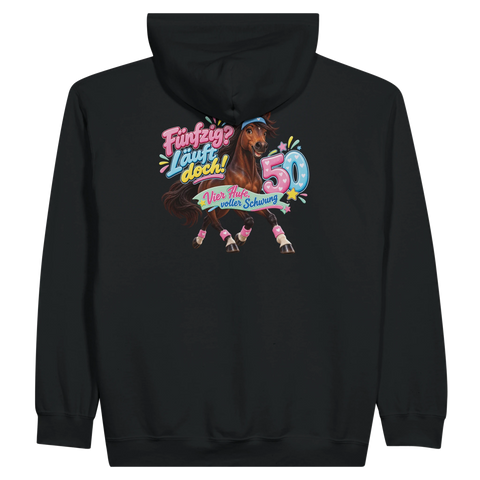 Fünfzig? Läuft doch! – Zip-Hoodie mit Rückendruck