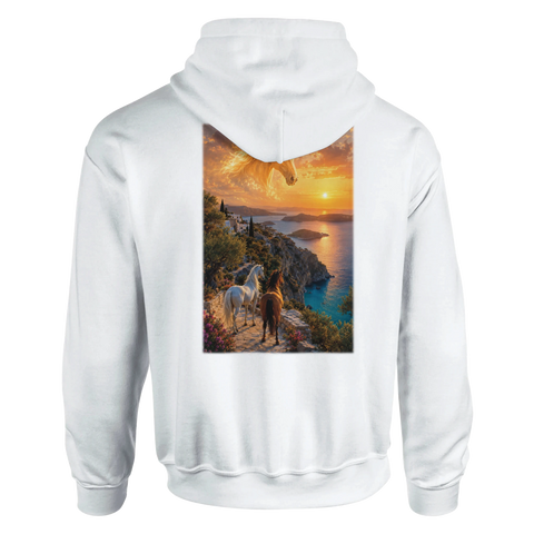 Mittelmeerklippe im Sonnengold – Hoodie mit Rückendruck