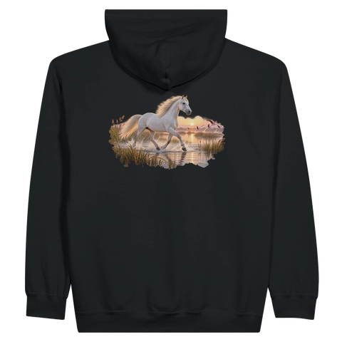 Camargue-Pferd im Flamingo-Marschland – Zip-Hoodie mit Rückendruck