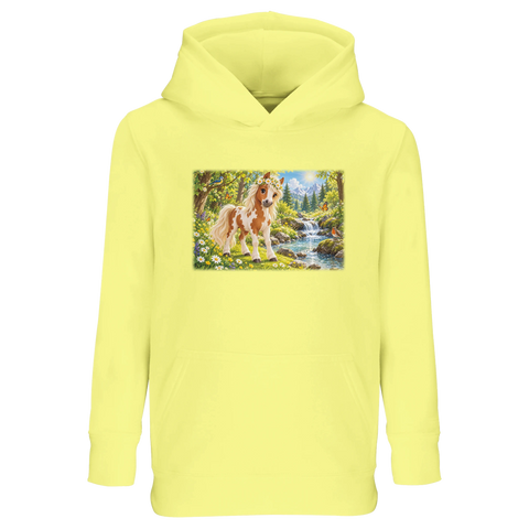 Pony mit Gänseblümchenkranz am Bach – Kinder-Hoodie
