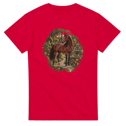 Braunes Pferd im Uhrwerkgarten – T-Shirt