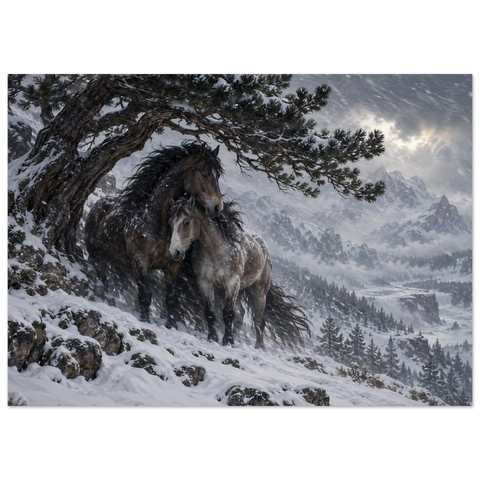 Zwei Pferde im Schneesturm – Forex-Bild 50×70 cm