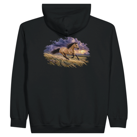 Buckskin im Prärie-Gewitter – Zip-Hoodie mit Rückendruck