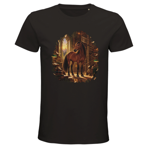 Braunes Pferd in der magischen Bibliothek – Bio-T-Shirt Herren