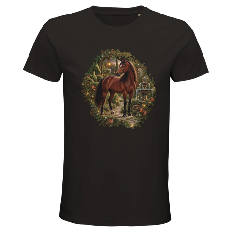 Braunes Pferd im Uhrwerkgarten – Bio-T-Shirt Herren