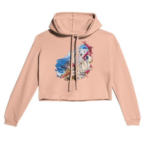 Weißes Pferd auf der griechischen Insel – Cropped Hoodie
