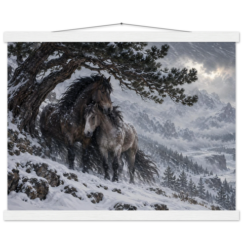 Zwei Pferde im Schneesturm – Poster mit Leisten 40×50 cm