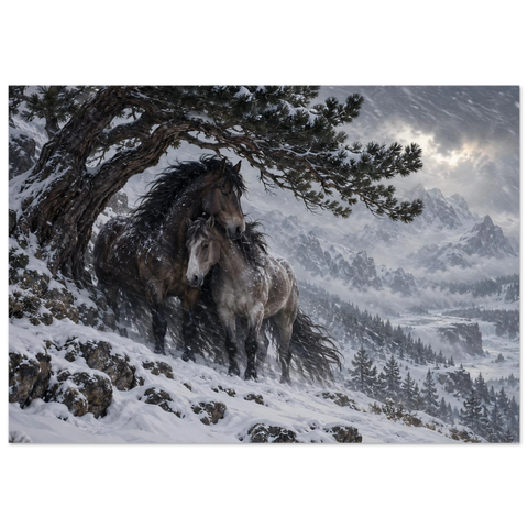 Zwei Pferde im Schneesturm – Forex-Bild 70×100 cm