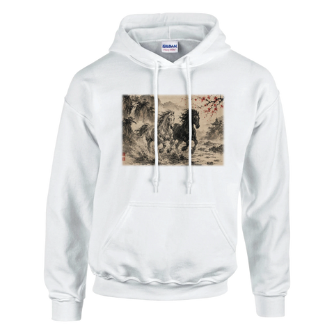 Tuschepferde im Kirschblütental – Hoodie