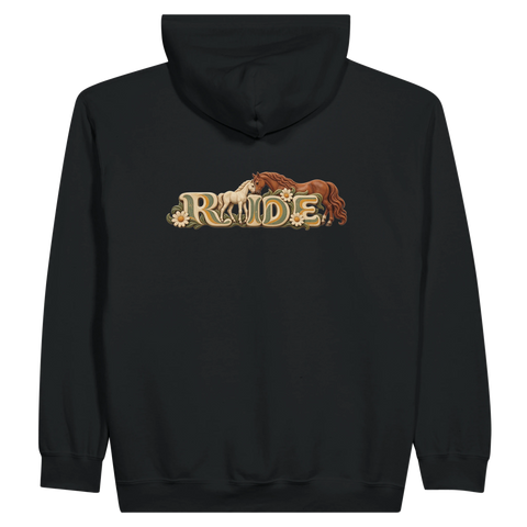 Ride – Stute und Fohlen im Blumenmeer – Zip-Hoodie mit Rückendruck