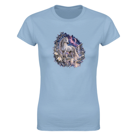 Silberpferd im kosmischen Liliengarten – Damen-T-Shirt