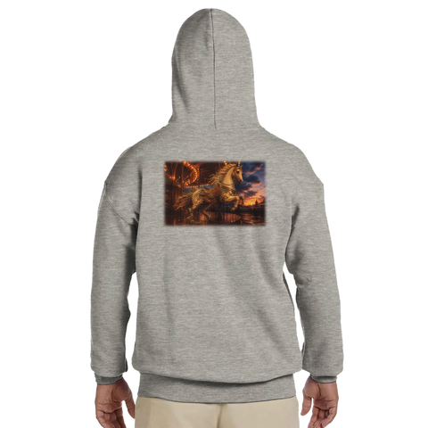 Karussellpferd im Abendlicht – Hoodie mit Rückendruck
