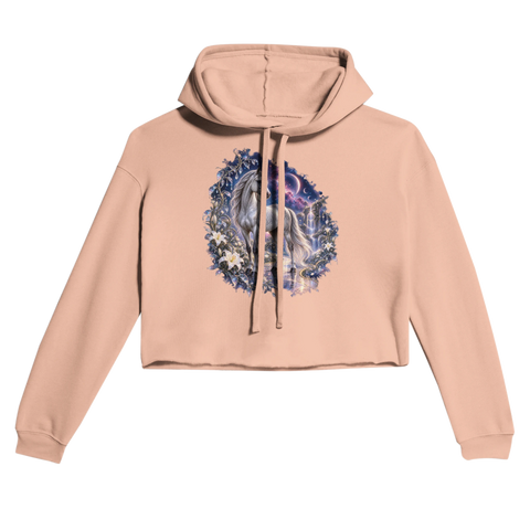 Silberpferd im kosmischen Liliengarten – Cropped Hoodie