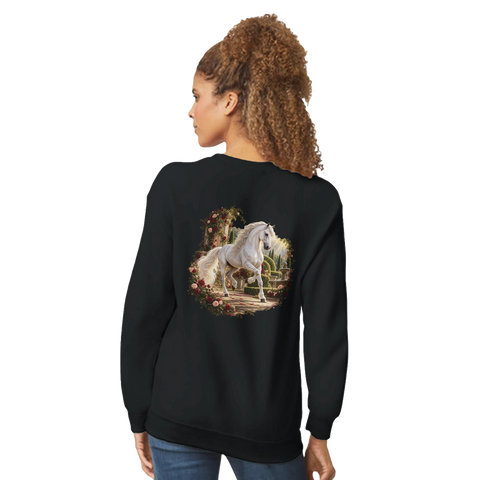Andalusier im Rosengarten – Pullover mit Rückendruck