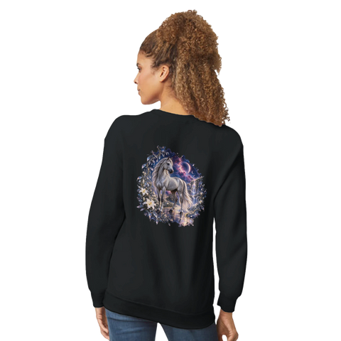 Silberpferd im kosmischen Liliengarten – Pullover mit Rückendruck