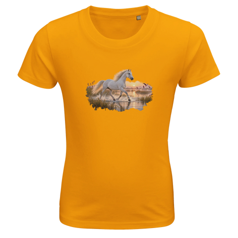 Camargue-Pferd im Flamingo-Marschland – Kinder-T-Shirt Bio