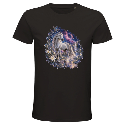 Silberpferd im kosmischen Liliengarten – Bio-T-Shirt Herren