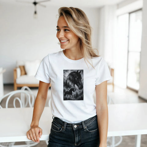 Pferd im Nebelwald – Damen-T-Shirt