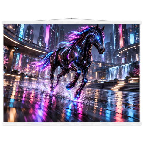 Neonpferd in der Zukunftsstadt – Poster mit Leisten 75×100 cm
