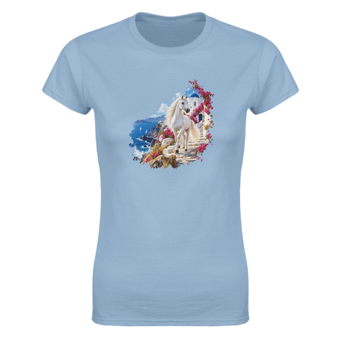 Weißes Pferd auf der griechischen Insel – Damen-T-Shirt