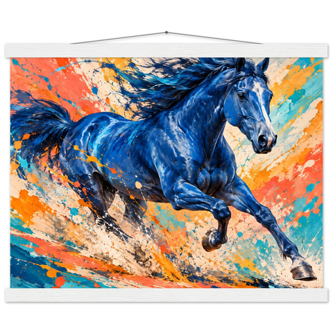 Blaues Pferd in Farbspritzern – Poster mit Leisten 40×50 cm
