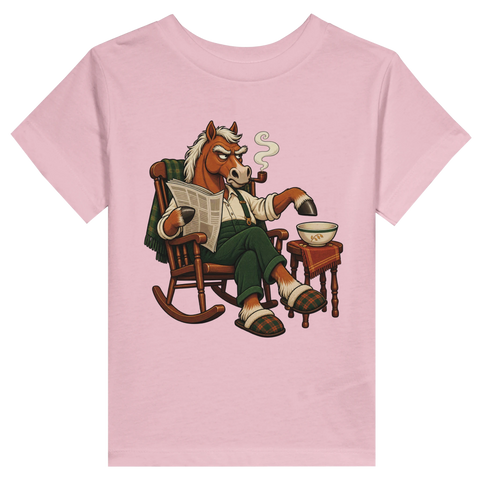 Grummeliges Pferd im Schaukelstuhl – Kleinkind-T-Shirt
