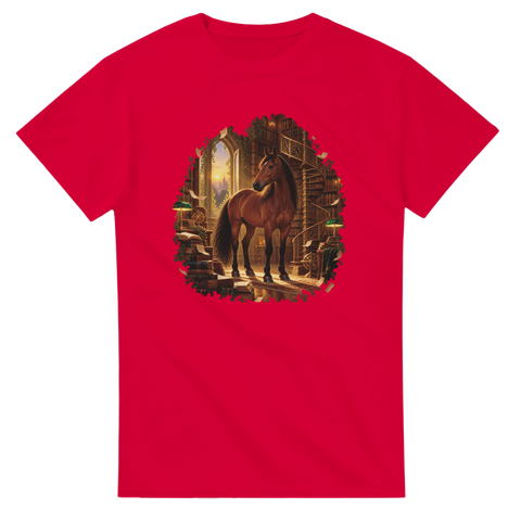 Braunes Pferd in der magischen Bibliothek – T-Shirt
