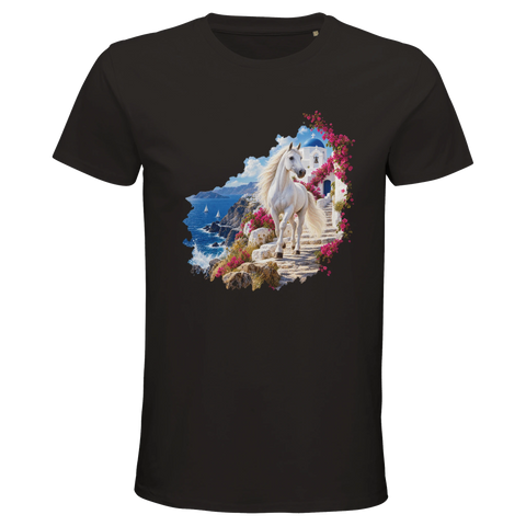 Weißes Pferd auf der griechischen Insel – Bio-T-Shirt Herren