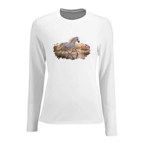 Camargue-Pferd im Flamingo-Marschland – Damen-Langarmshirt