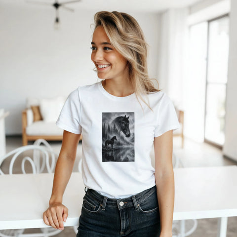 Pferd am Nebelsee – Damen-T-Shirt