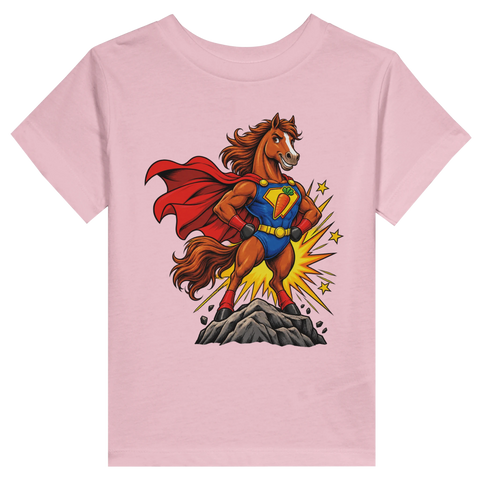 Superhelden-Pferd mit Möhren-Emblem – Kleinkind-T-Shirt