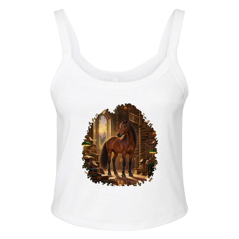 Braunes Pferd in der magischen Bibliothek – Ripp-Tank-Top