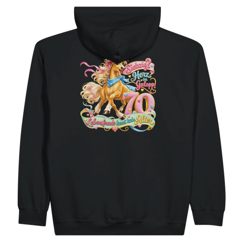 Siebzig? Herz im Galopp! – Zip-Hoodie mit Rückendruck