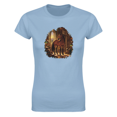Braunes Pferd in der magischen Bibliothek – Damen-T-Shirt