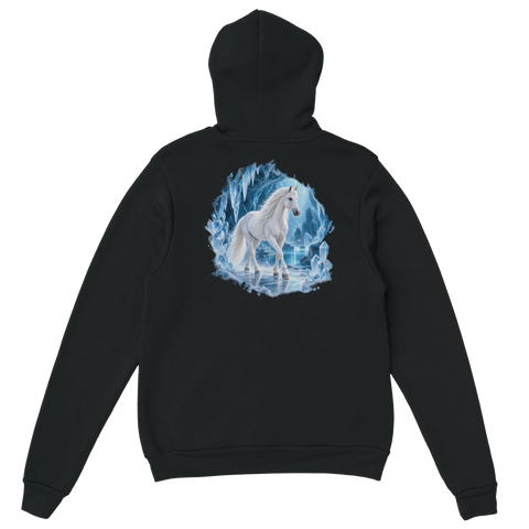 Weiße Stute in der Kristall-Eishöhle – Hoodie mit Rückendruck