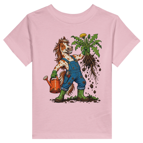 Gärtner-Pferd mit Löwenzahn – Kleinkind-T-Shirt