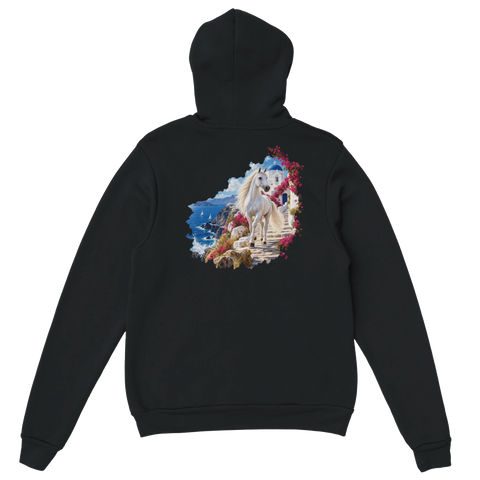 Weißes Pferd auf der griechischen Insel – Hoodie mit Rückendruck
