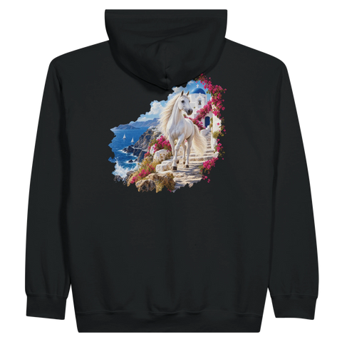 Weißes Pferd auf der griechischen Insel – Zip-Hoodie mit Rückendruck