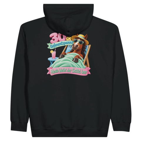 30 und tiefenentspannt – Zip-Hoodie mit Rückendruck